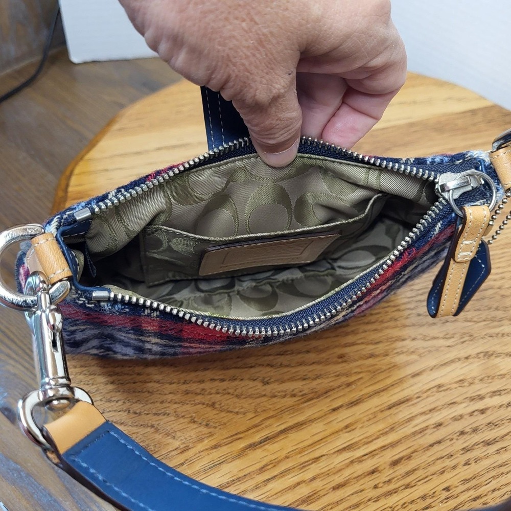 Coach Red and Navy Plaid Wool Satchel with Leather Trim - Picture 13 of 16